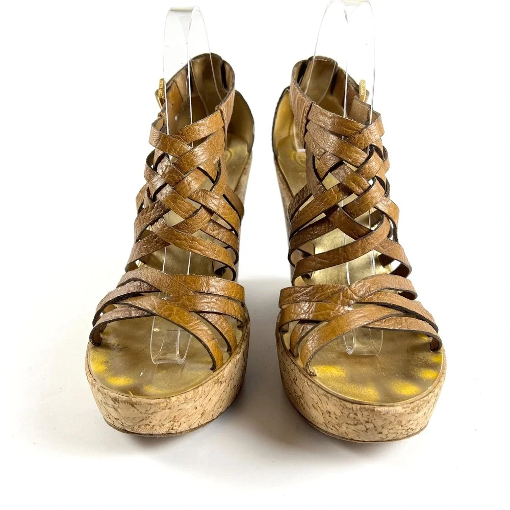 TORY BURCH Anamarte Brown Cork Wedge Platform Sandals Size‎ 9.5 M Leather Buckle